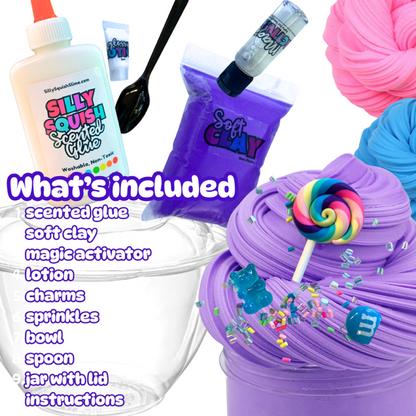 Collection of slime-making supplies including scented glue, soft clay, and a purple slime with a lollipop charm on a white background.