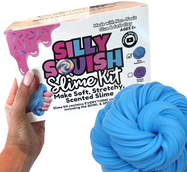 Silly Squish slime kit with blue slime and packaging on a white background